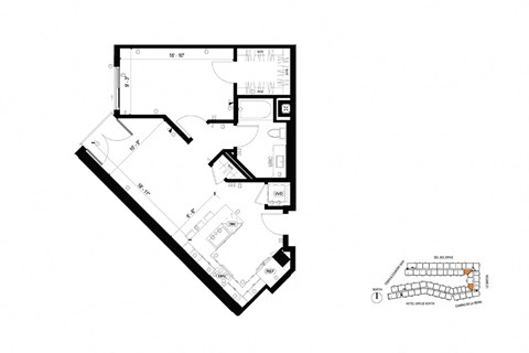 Floor plan for 1 bed, 1 bath, 770 sqft